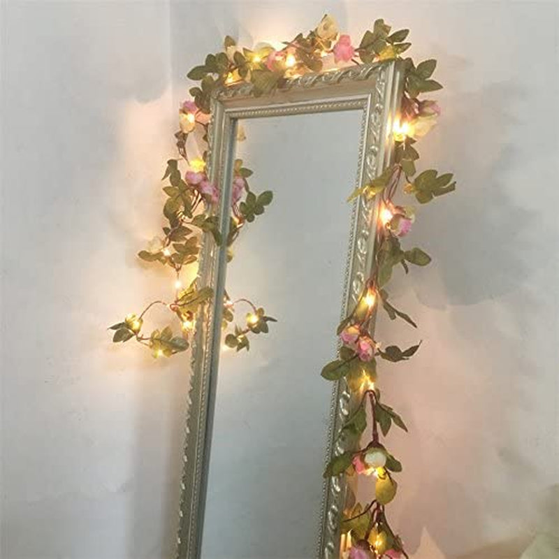 Flcsied 2 Meter 20 LED Flower Leaf Garland Copper LED Fairy String Lights for Wedding Decoration Party Event with Timer Function (Rose)