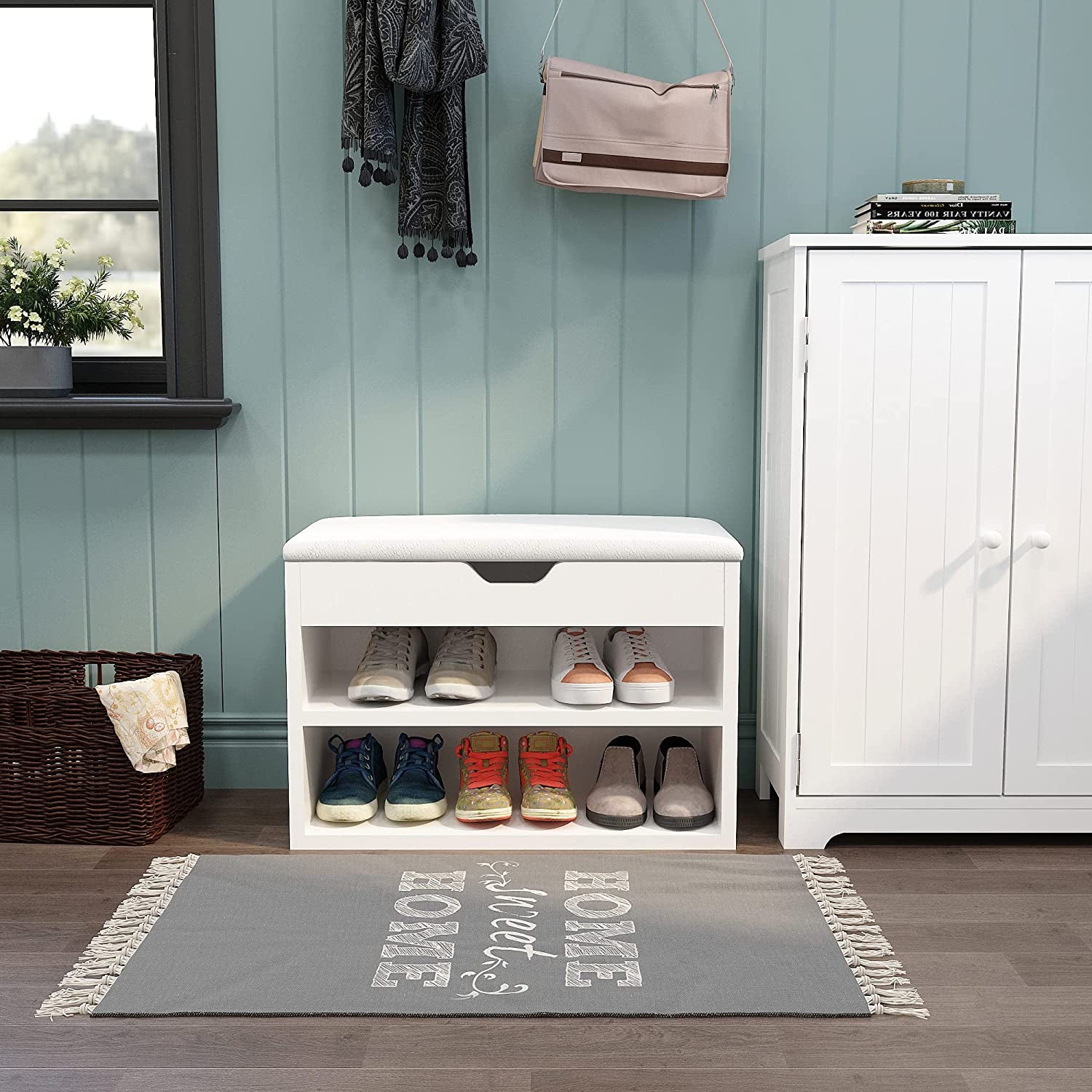 Shoe Storage Bench, Shoe Cabinet with Storage Seat, 60 X 30 X 43 Cm Wooden White Small Unit for 8 Pairs Shoes