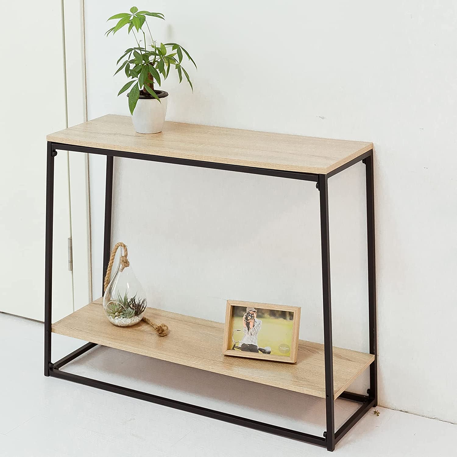 2 Shelf Console Table for Narrow Entry, Hallway or Sofa with Black Metal Frame