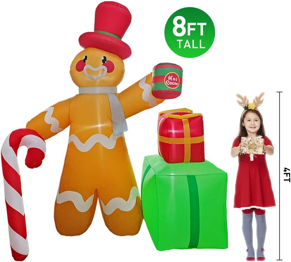 8FT Christmas Inflatable Decoration Gingerbread Man with Candy Cane,Led Lights Holiday Blow up Yard Decoration,For Holiday Party ,Indoor, Outdoor, Garden, Yard Lawn，Winter Decor