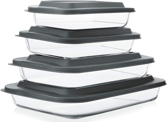 8-Piece Deep Glass Baking Dish Set with Plastic Lids,Rectangular Glass Bakeware Set with BPA Free Lids, Baking Pans for Lasagna, Leftovers, Cooking, Kitchen, Freezer-To-Oven and Dishwasher, Gray