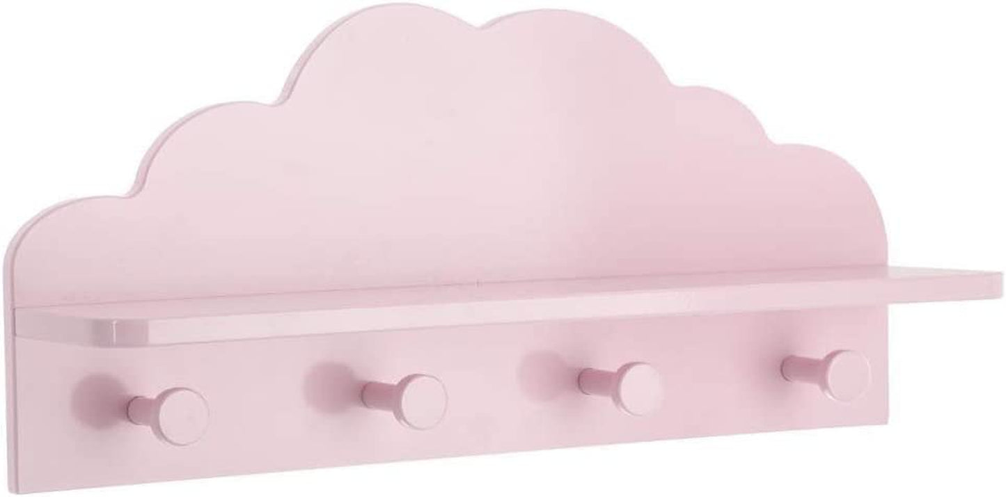 2 in 1: Wooden Hooks and Shelf Unit for Children - Cloud Shape - Colour PINK