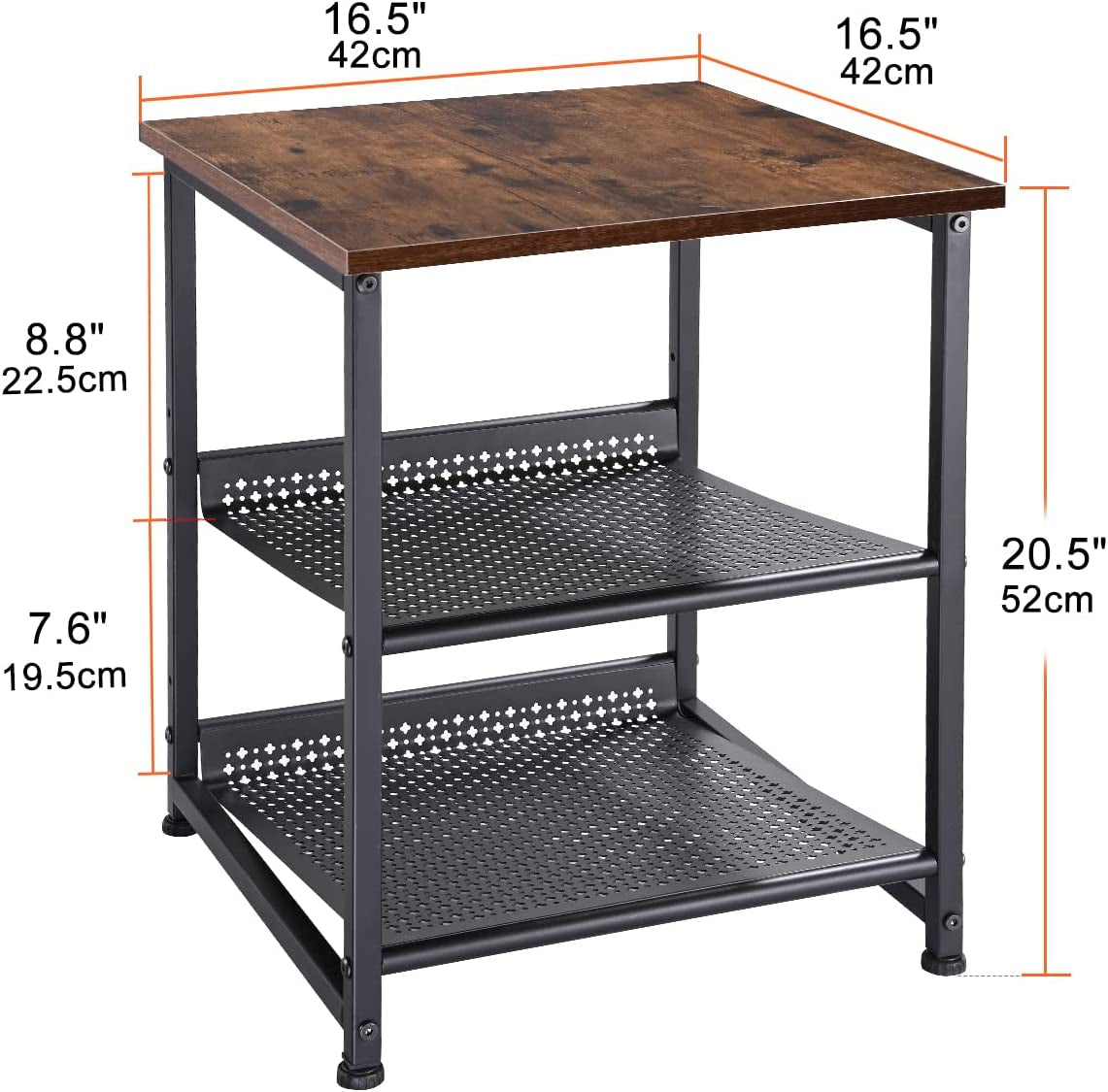 Side Table, Nightstand, Set of 2 Industrial Style Sofa End Table 42 X 42 X 52 Cm,With 2 Adjustable Mesh Shelves, Easy Assembly, for Living Room,Bedroom, Office,Wood & Metal,Rustic Brown