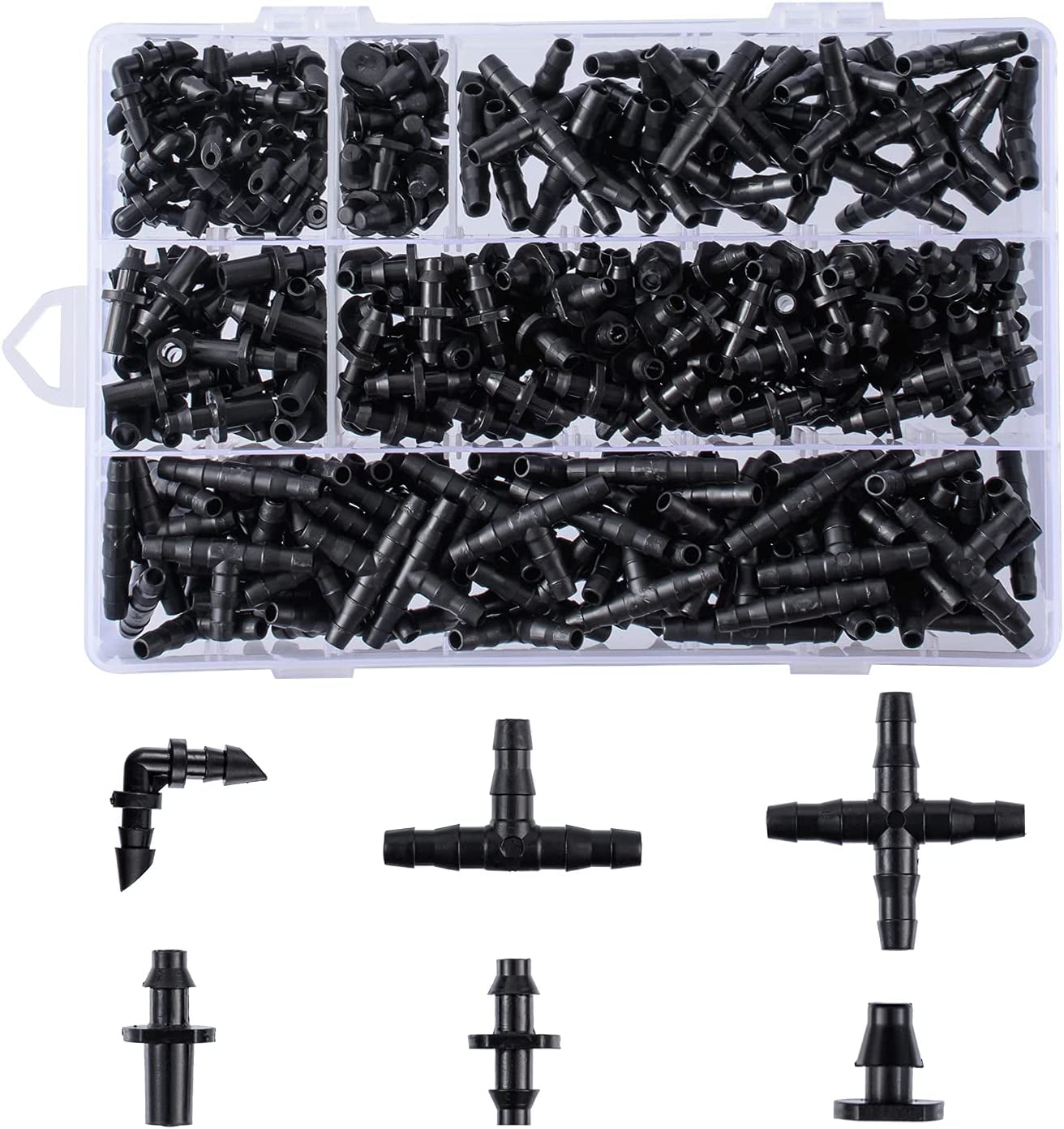 280 Pcs Barbed Connectors Irrigation Fittings Kit,Drip Irrigation Barbed Connectors 1/4''Tubing Fittings Kit for Flower Pot Garden Lawn(Straight Barbs,Single Barbs,Tees,Elbows,End Plug,4-Way Coupling)