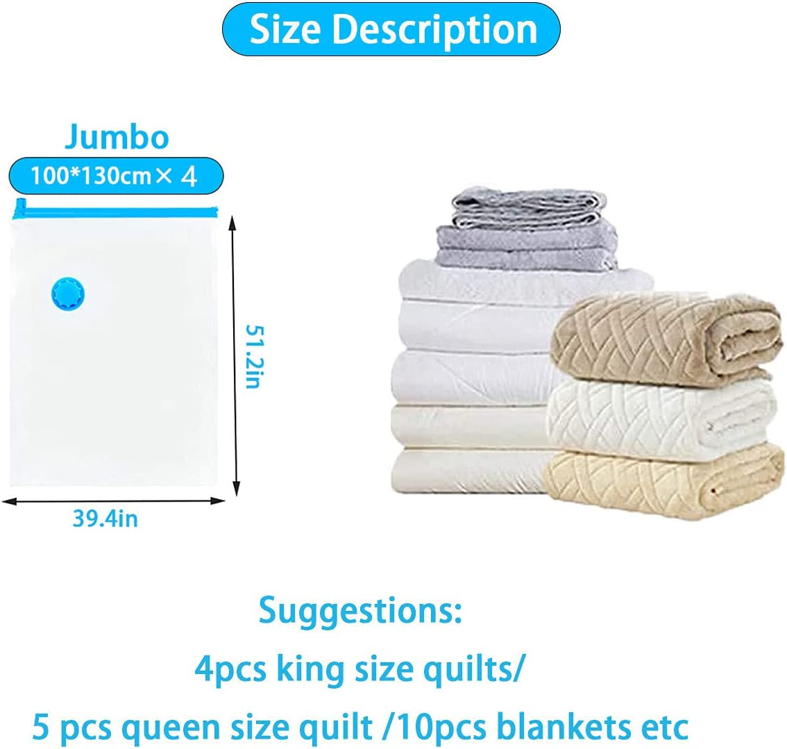 Vacuum Storage Bags 4 Pack 130X100Cm Jumbo Airtight Space Compression Bags Double-Zip Seal and Triple Seal Turbo—— Max Space Saving for Bedding, Duvets, Clothes (4 Pack 130×100Cm)