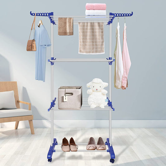 Clothes Drying Rack Foldable Standing Stainless Large Space Washing 4-Tier Airer Horse Laundry Hanger Dryer for Home Garden Storage Indoor Outdoor (Blue-Grey)