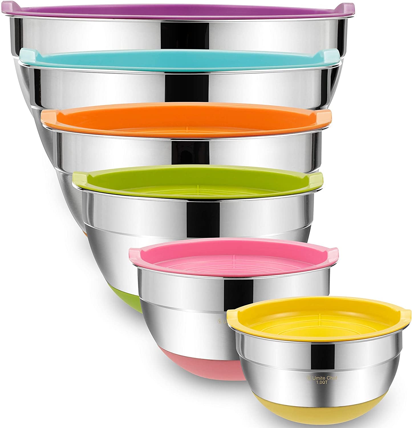 Mixing Bowls with Airtight Lids, 6-Piece Stainless Steel Metal Bowls by , Measurement Marks & Colorful Non-Slip Bottoms Size 7, 3.5, 2.5, 2.0,1.5, 1QT, Great for Mixing & Serving