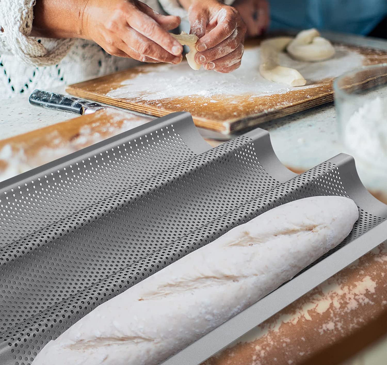 Perforated Baguette Baking Tray Non Stick French Stick Loaf Baking Molds Pan for 3 Baguettes (Silver)