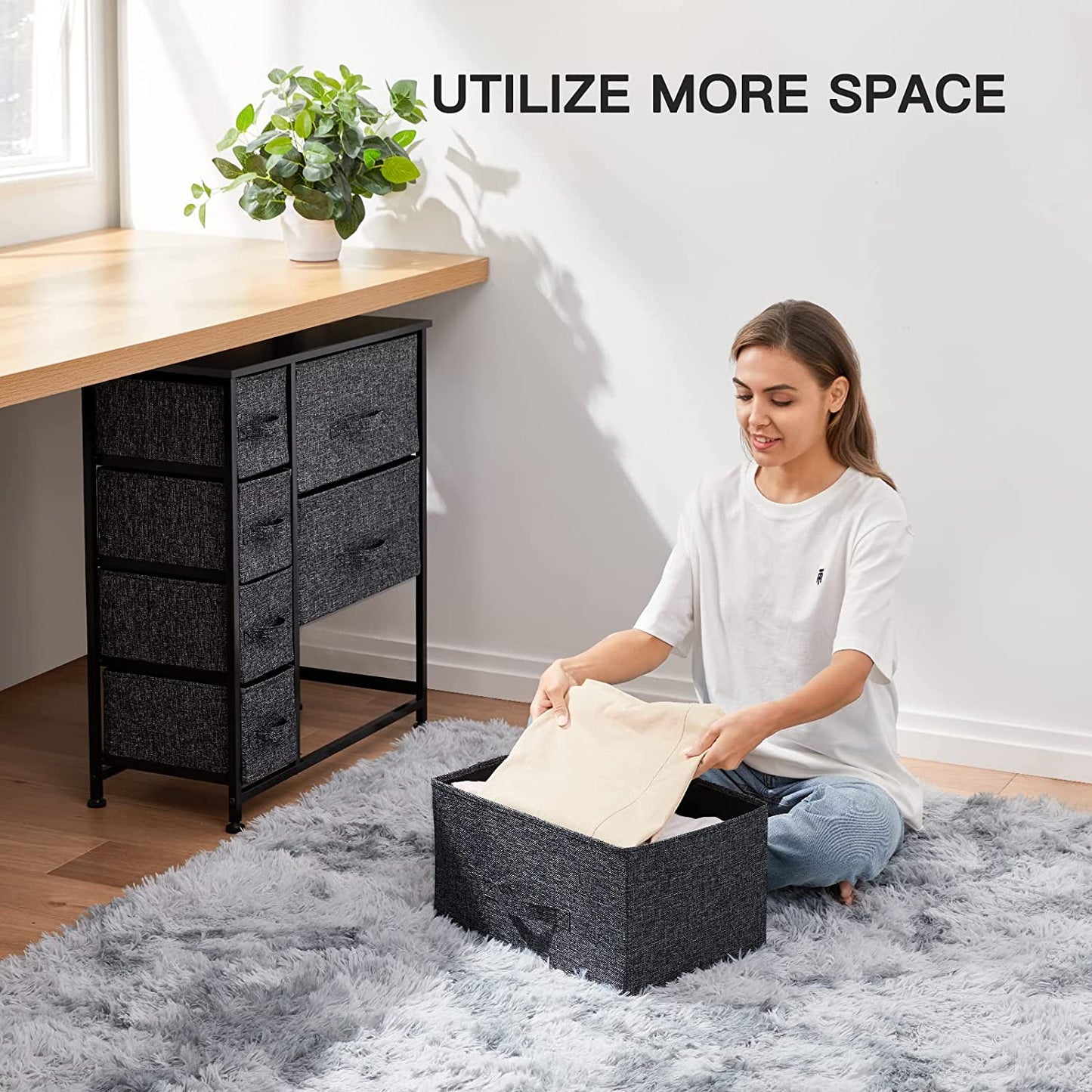 Chest of Drawers, Fabric Storage Drawers with Wood Top and Large Storage Space, Vertical Chest of 7 Drawers Easy to Install Room Organizer, Living Room, Nursery Room, Hallway, Black