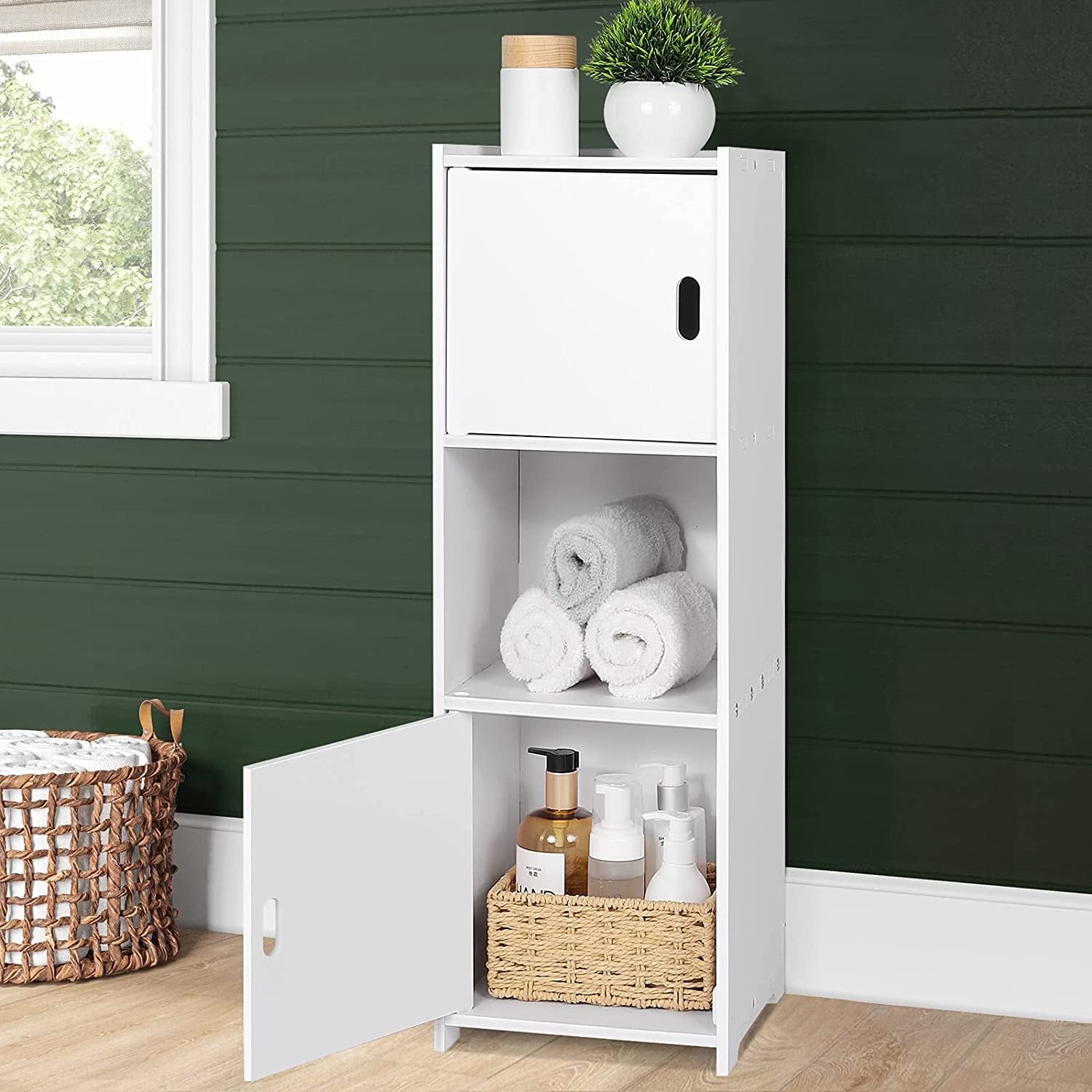 Waterproof Bathroom Storage Cabinet,Freestanding Cabinet Organizer Unit with 2 Door and Shelf for Store Toilet Paper,Books,Shampoo,White.