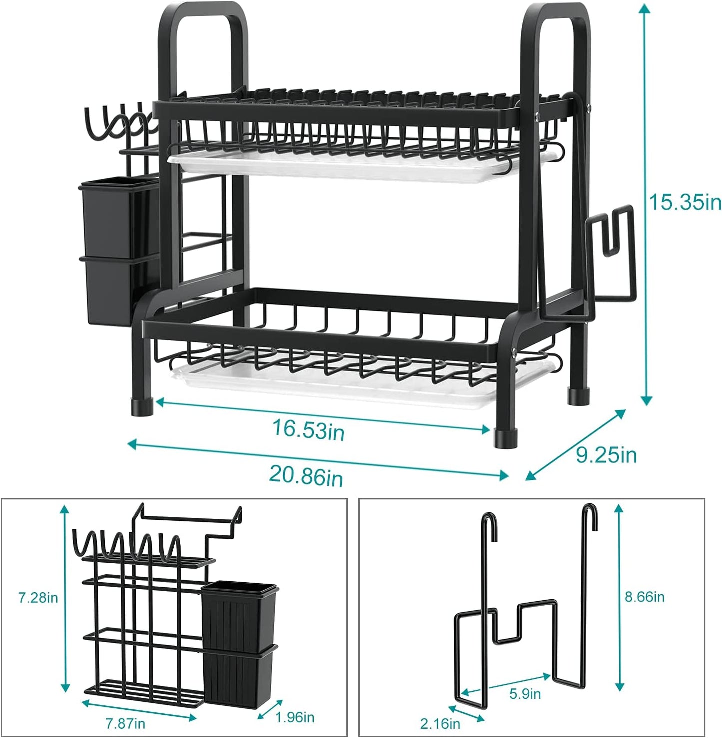 2 Tier Black Dish Drainer Rack, Stainless Steel Dish Drying Rack Kitchen, Dish Drainers Draining Board with Drip Tray, Rust Proof Large Dish Rack Washing up Sink Drainer Rack