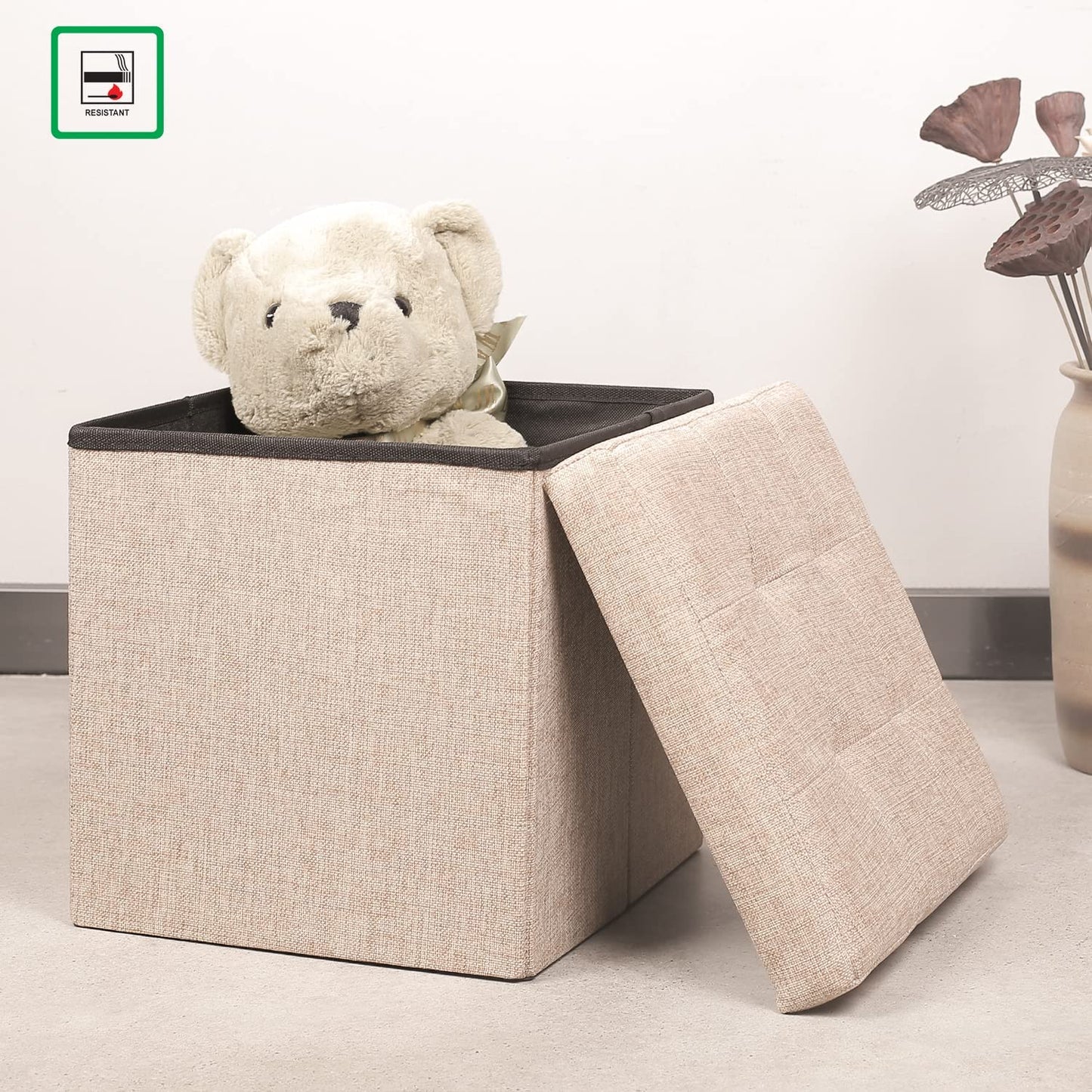 Small Foldable Ottoman with Storge,Footstool,Collapsible Linen Chest Cube Toy Box with Lid,Foot Rests for Living Room,Apricot,32X32X32Cm