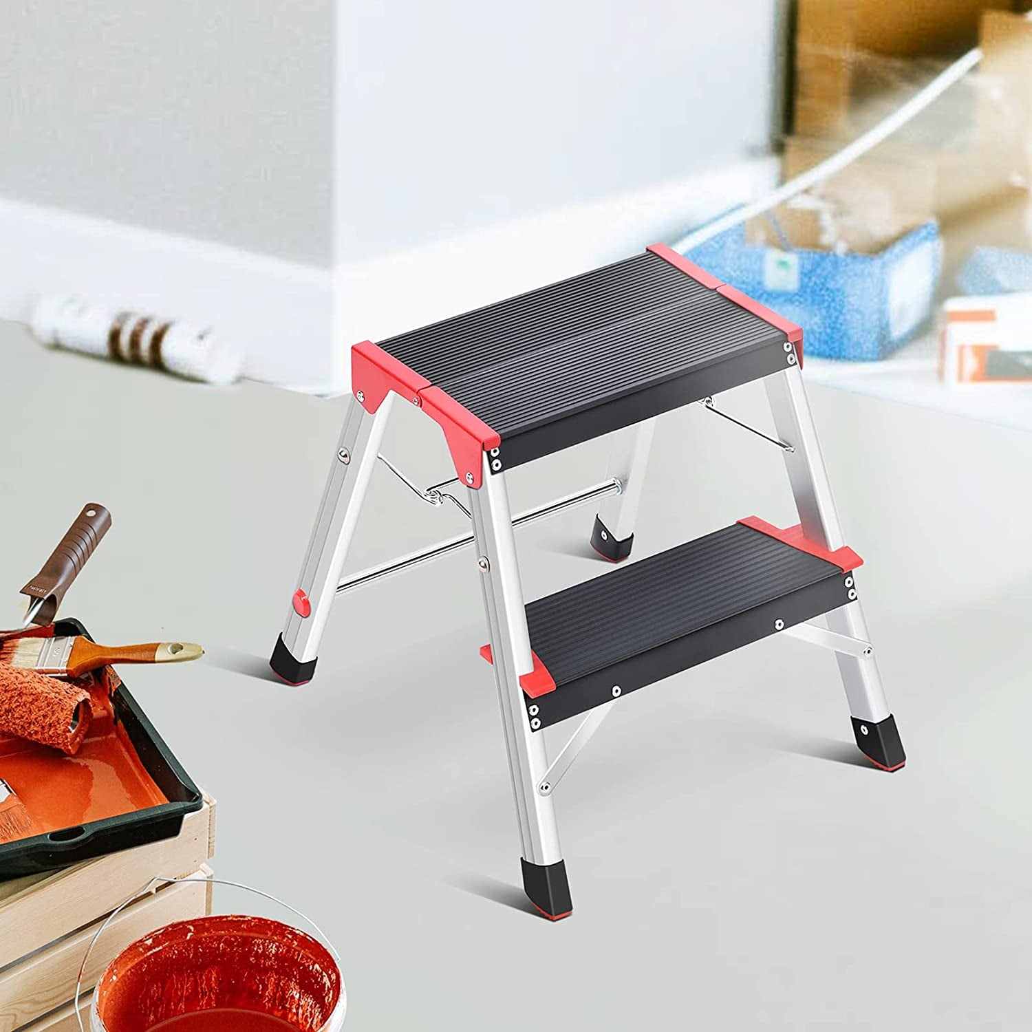 Aluminum Step Ladder 2 Step, Lightweight Step Stool with Widened Platform, Multi Purpose and Anti-Slip Folding Step Stool, Maximum Load 150 Kg, Red