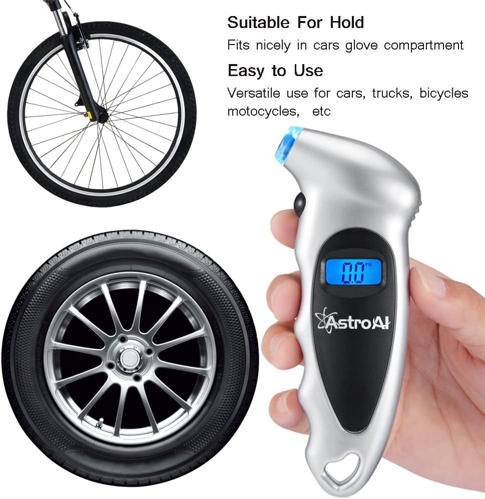 Digital Tyre Pressure Gauge 150 PSI 4 Settings for Car Truck Bicycle with Backlit LCD and Non-Slip Grip Tyre Pressure Checker, Silver