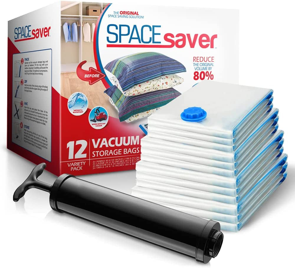 Premium Vacuum Storage Bags with 80% More Storage, Includes Hand-Pump for Travel, Triple Seal Turbo-Valve for Max Space Saving, Variety 12 Pack (3 Small, 3 Medium, 3 Large, 3 Jumbo)