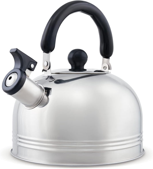 Camping Kettle 2L - Stainless Steel Whistling Kettle - Portable Boiling Pot for Coffee Tea - Camping Kettle for Gas Stove with Folding Spout Cover & Cool-Touch Handle - Camping Accessories