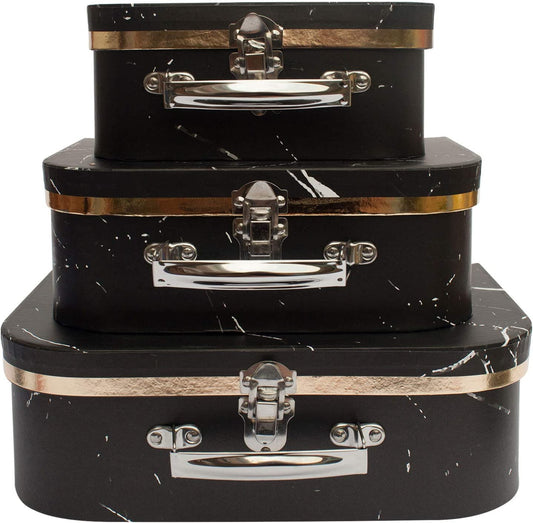 Set of 3 Rigid Luxury Presentation, Suitcase Gift Storage Box, Black Marble Print, White Interior with Metal Handle and Clasp