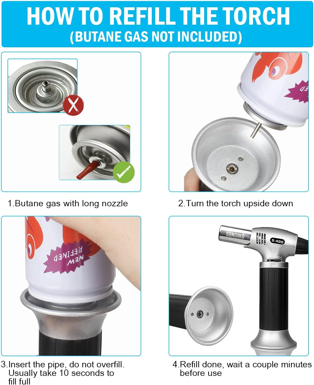 Blow Torch S400, Fits All Butane Tanks Refillable Kitchen Blow Torch Lighter with Safety Lock and Adjustable Flame Perfect for Desserts, Creme Brulee, BBQ and Bakingbutane-Gas Not Included