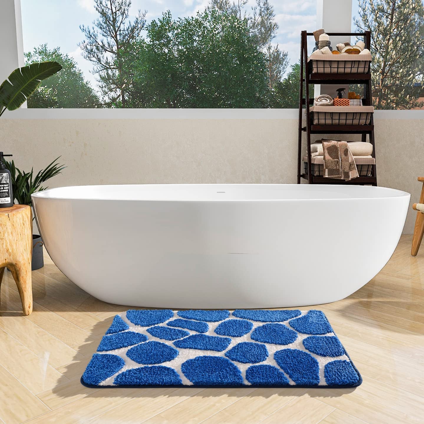 Microfibre Bath Mat 50×80 CM, Ultra Soft Bathroom Mat, Cobblestone Bath Mats for Bathroom, Living Room and Bedroom, Royal Blue & White