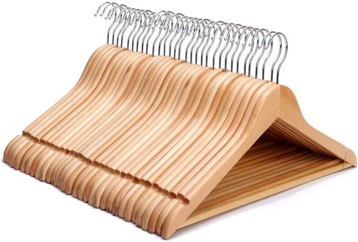 Strong Natural Wood Wooden Coat Hangers with 360 Degree Rotatory Hook & round Trouser Bar & Shoulder Notches - Durable Wardrobe Space Saver - Suitable for Coat, Jacket, Suit, Jumper (30Pk)