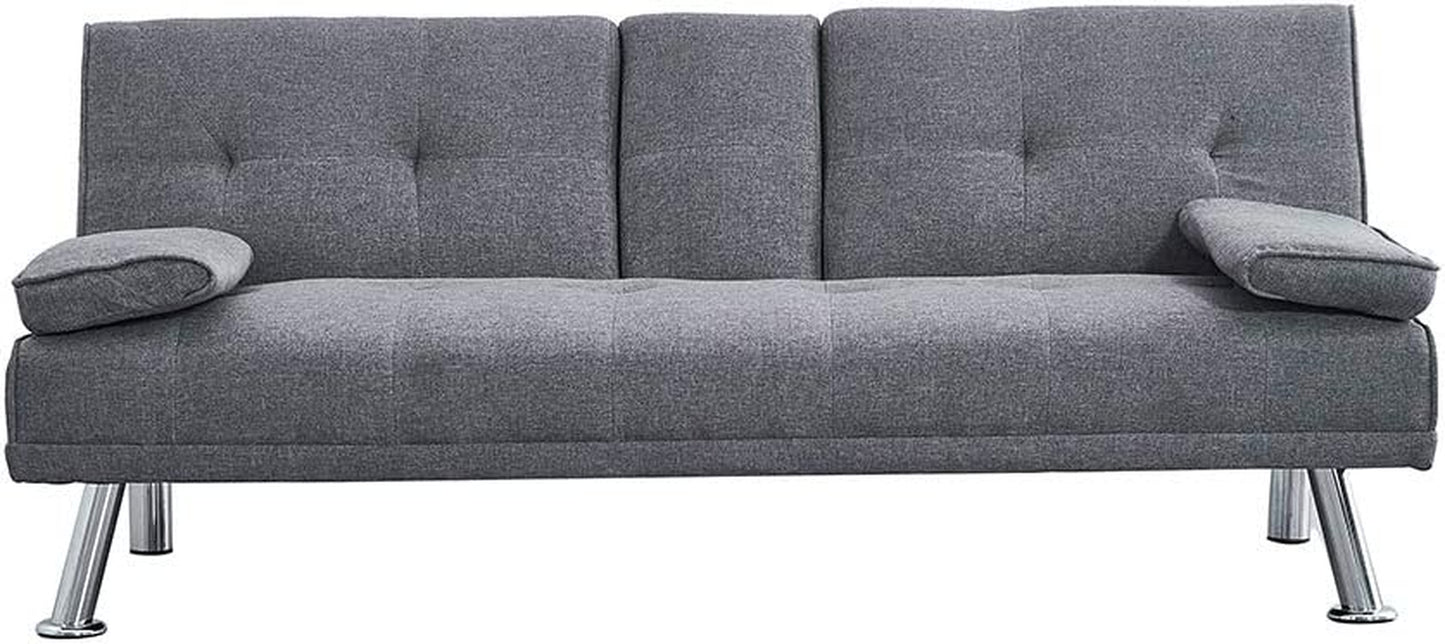 Modern 3 Seater Sofa Bed Line Fabric Sofa Couch Settee Sleeper with Cup Holders and 2 Free Cushions for Living Room, Grey