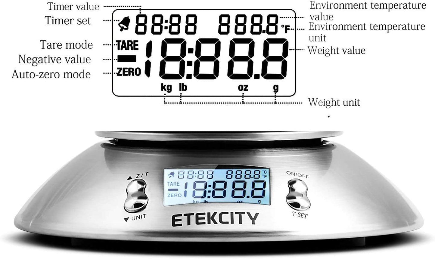 Electronic Kitchen Scales with Stainless Steel Mixing Bowl, Timer and Temperature Sensor, Digital Wet and Dry Food Weighing Scale for Cooking and Baking-11Lb/5Kg