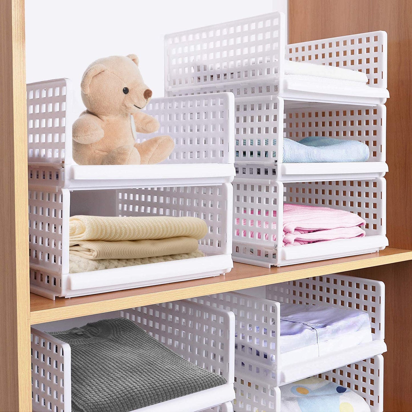 Wardrobe Storage Boxes,4-Pack Plastic Wardrobe Closet Drawer Organiser Stackable Detachable Shelf Baskets Container Crate Cube Organizer, Home Bedroom Pull Out Drawer Dividers for Clothes,Toy