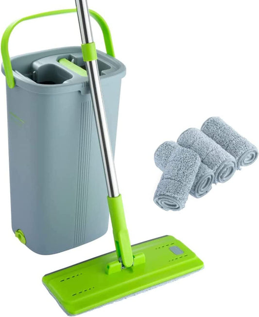 Easygleam Mop and Bucket Set. Microfibre Flat Mop with Stainless Steel Handle, Innovative Twin Chamber Bucket for WET & DRY Use. 4 Reusable Pads Supplied, Suitable for All Floor Types