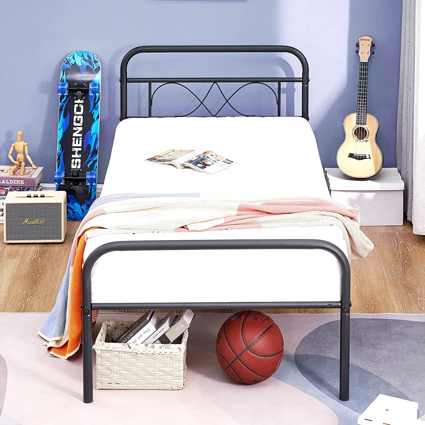 Single Bed Frame Headboard 3Ft Single Metal Bed Frame Solid Bedstead Base for Children Kids Adults Black Fits for 90 * 190 Cm Mattress Black