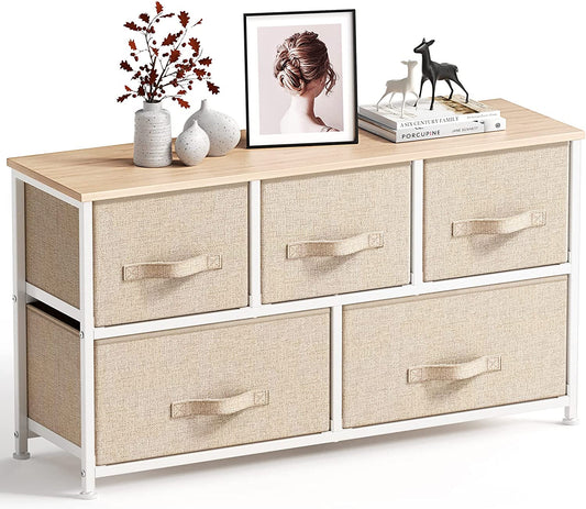Chest of Drawers, Fabric Storage Drawers Easy to Install, Dresser with Wood Top and Large Storage Space, Vertical Chest of 5 Drawers Bedroom, Living Room, Nursery Room, Hallway, Etc