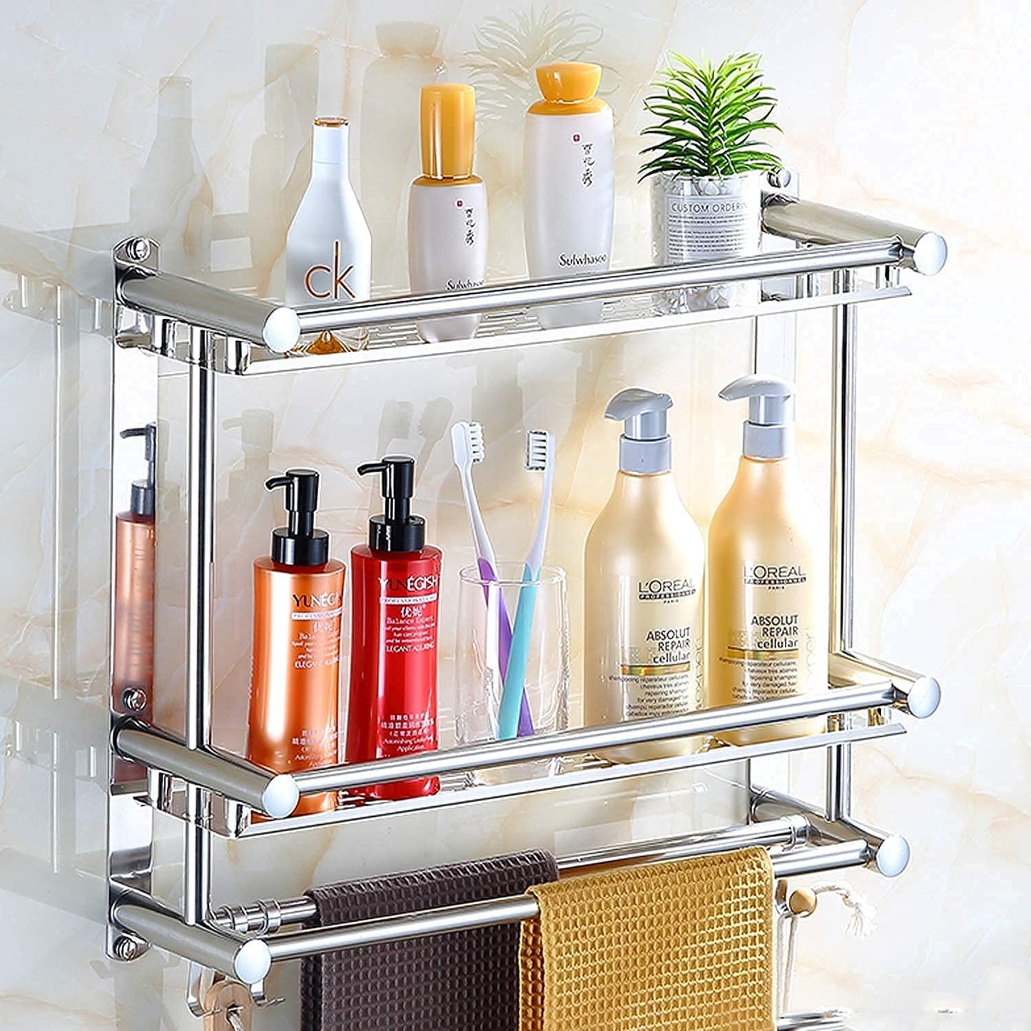 Bathroom Towel Rack 60CM Stainless Steel Metal Towel Bar Storage Shelf Bathroom Storage Shelf Holder Bath Rack Multi Towel Bar Wall Hooks Towel Rails Stand Bathroom Hotel Kitchen Waterproof Rustproof