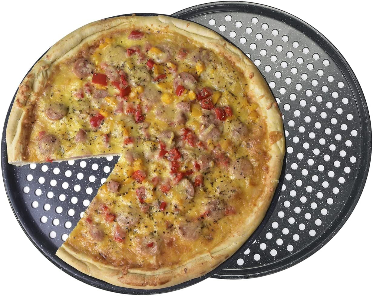 14 Inch Pizza Tray with Holes 2 Pack Perforated Pizza Pan for Oven Carbon Steel Crisper Pan Granite Finish Non Stick