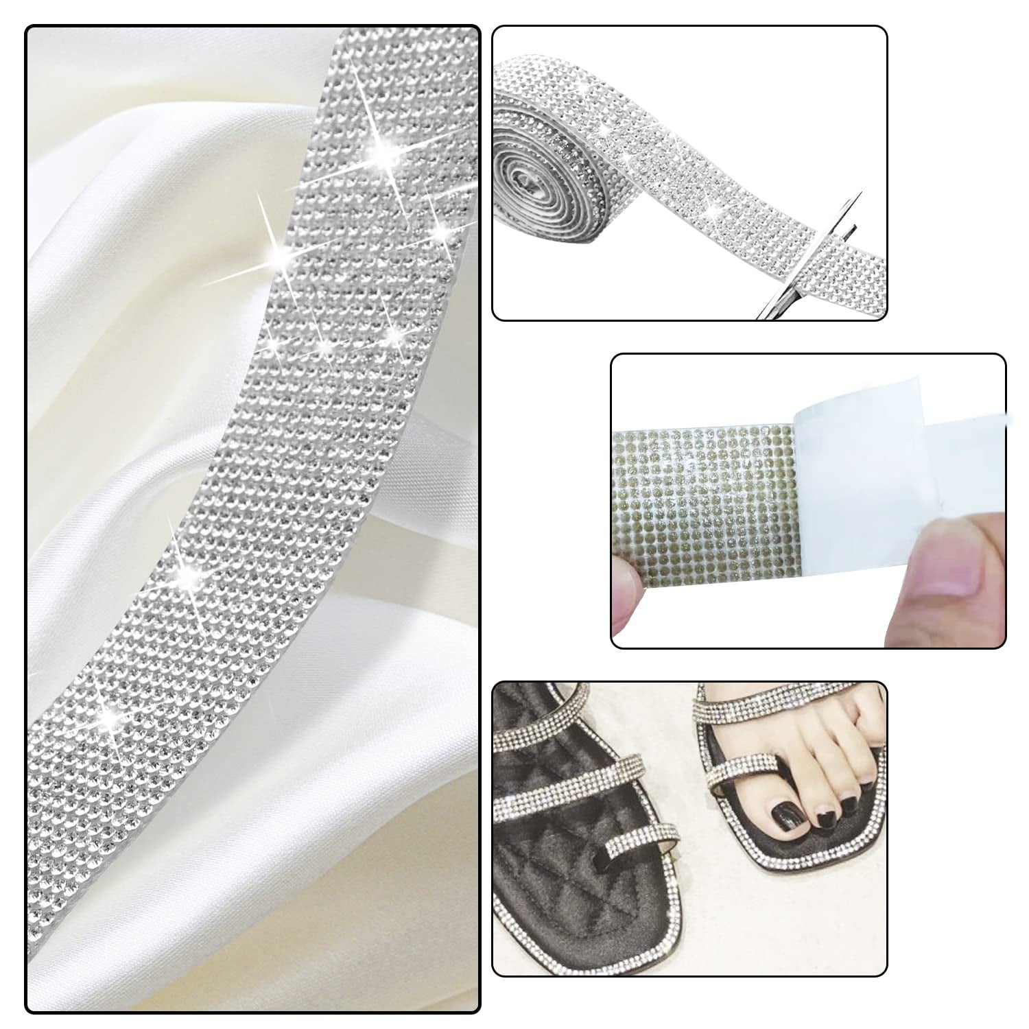 4 Rolls Silver Rhinestones Diamond Ribbon, 3.6Yard Strip Self-Adhesive Crystal Bling Home Accessories Photo Strip Stickers on Gems Glitter Wallpaper for Bedroom Clothes Party Phone DIY Crafts Decorate