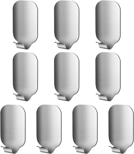 Self Adhesive Hooks - Pack of 10 Wall Door Hooks Stick on / Sticky Hooks for Bathroom Kitchen Hanging Coat Cloth Towel Key - Stainless Steel, Waterproof, No Nails