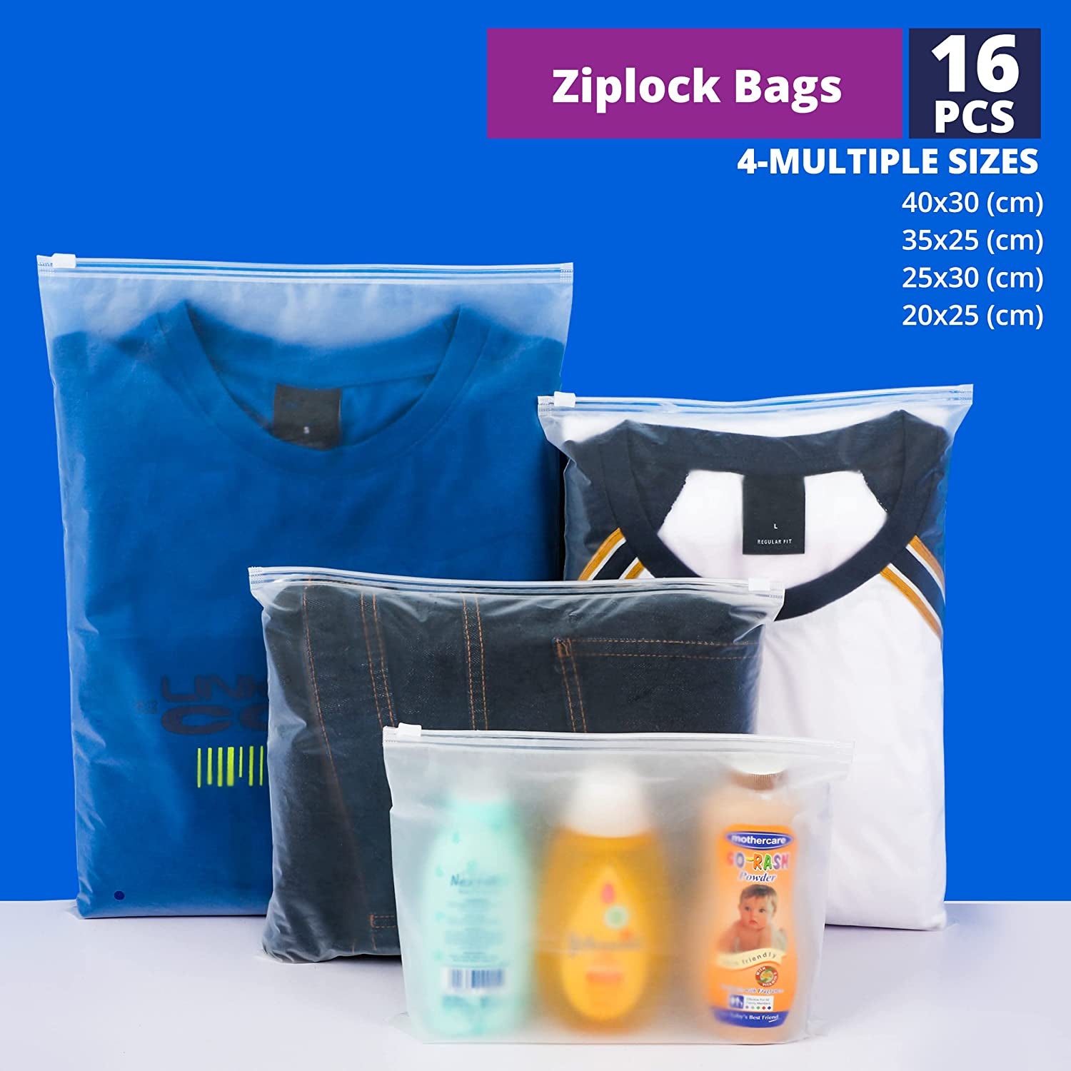 Ziplock Bags –16 PCS Frosted Hospital Bag Maternity Essentials with Vents in 4 Multiple Sizes -Resalable Storage Bags for Clothes, Travel Essentials, Toiletries, Crafts Supplies