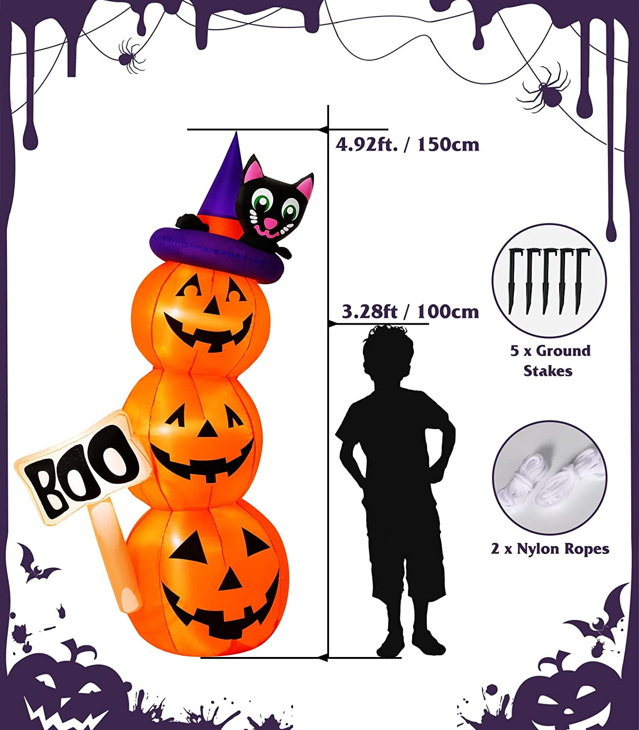 Halloween Inflatable Decoration, 5Ft/1.5M Cute Pumpkins Lamp with Witch Hat Cat Build-In LED Light up Home Yard Garden Lawn for Indoor Outdoor Holiday Party