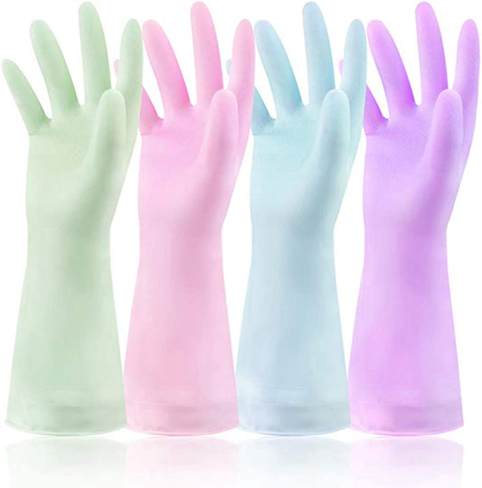 Set of 4 Pairs - Waterproof Kitchen Cleaning Rubber Gloves for Dish Washing Laundry Cleaning (Medium Size, 4 Bright Colours)