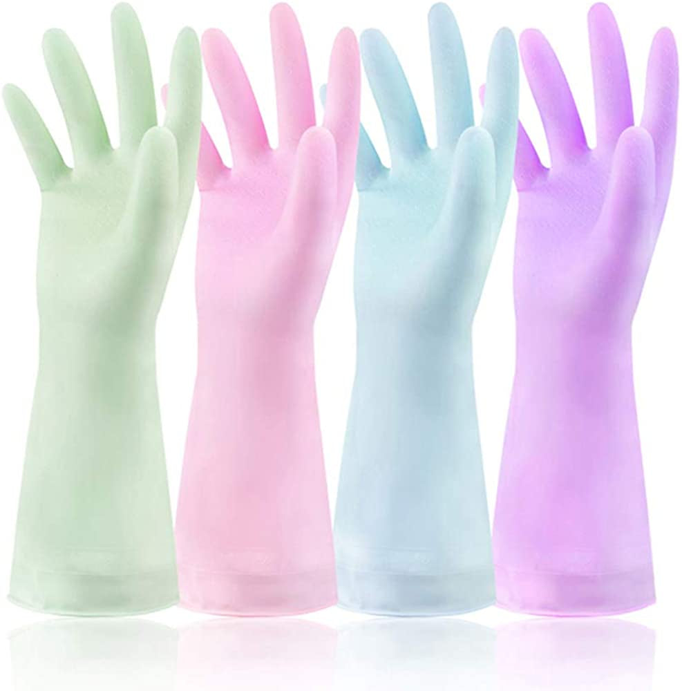 Set of 4 Pairs - Waterproof Kitchen Cleaning Rubber Gloves for Dish Washing Laundry Cleaning (Medium Size, 4 Bright Colours)