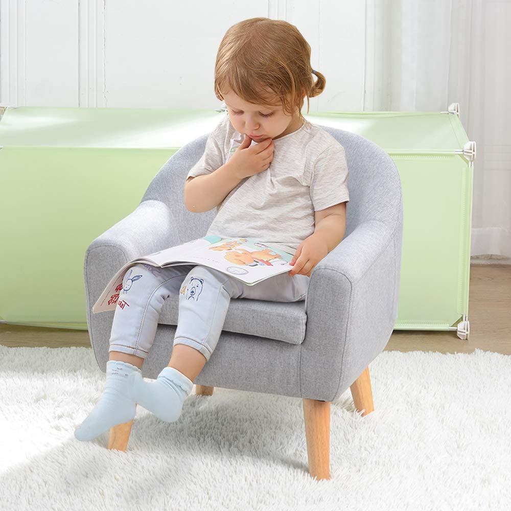 Single Linen Fabric Kids Armchair, Toddler Sofa and Couch with Wooden Legs, Gift for Children under 4 Years Old