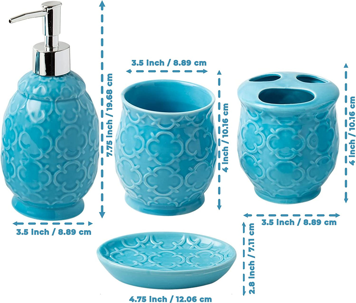 Bathroom Designer 4-Piece Ceramic Bath Accessory Set - Includes Liquid Soap or Lotion Dispenser W/Toothbrush Holder, Tumbler, Soap Dish - Moroccan Trellis - Bath Accessories Set - Holds 461Ml