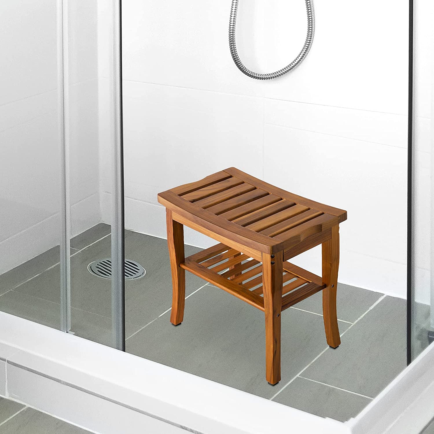 Teak Shower Bench, Spa Bath Shower Stool with Storage Shelf, Wooden Seat Stool for Bathroom