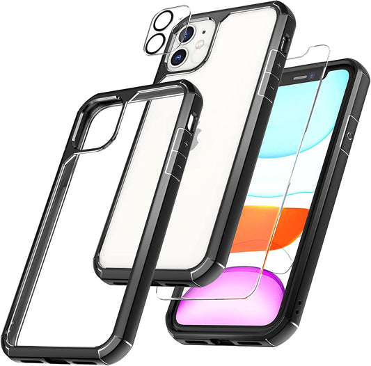 [5 in 1] for Iphone 11 Case 6.1 Inch, with 2 Pack Tempered Glass Screen Protector + 2 Pack Camera Lens Protector [Military Grade Protection] Shockproof Slim Thin - Black
