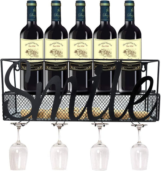 Wall Mounted Metal Wine Rack, Champagne Drink Storage Racks with 4 Long Stem Glass Holders.