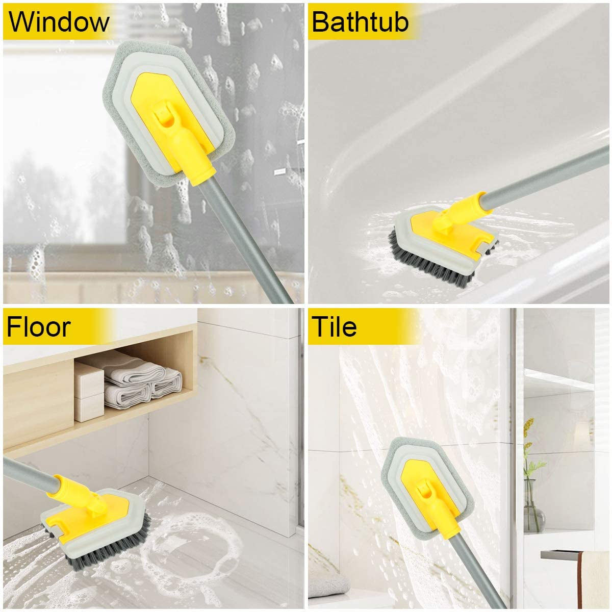 Number-one Floor Scrub Brush with Long Handle 35, Shower Cleaning Brush  Telescopic Scrubber Brush Kit, Scrubber with 1 Stiff Bristles & 3 Sponge  Brush for Cleaning Tile Shower Bathroom Tub 