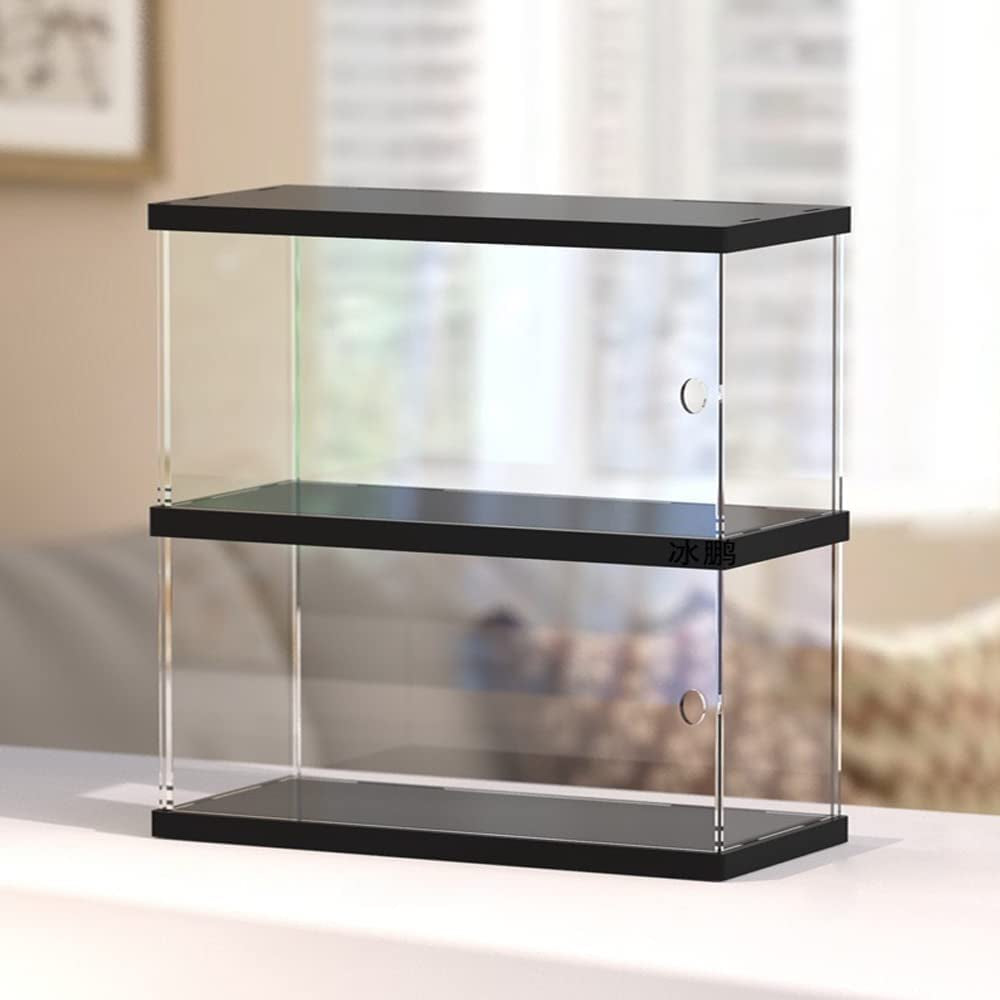 Acrylic Display Case Collectibles Display Shelf Two Layers with Solid Wood/White Base Display Boxes for Collectibles Dustproof Protection Showcase (40X10X27.7Cm / 15.7X3.9X10.9Inch, Black)