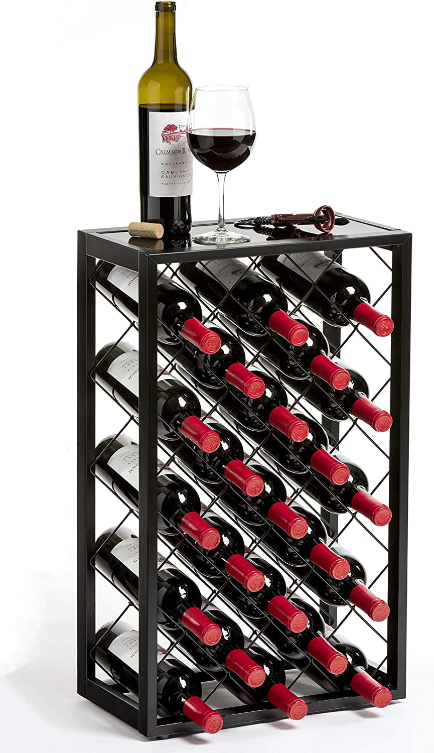 23 Bottle Wine Rack with Glass Table Top, Black