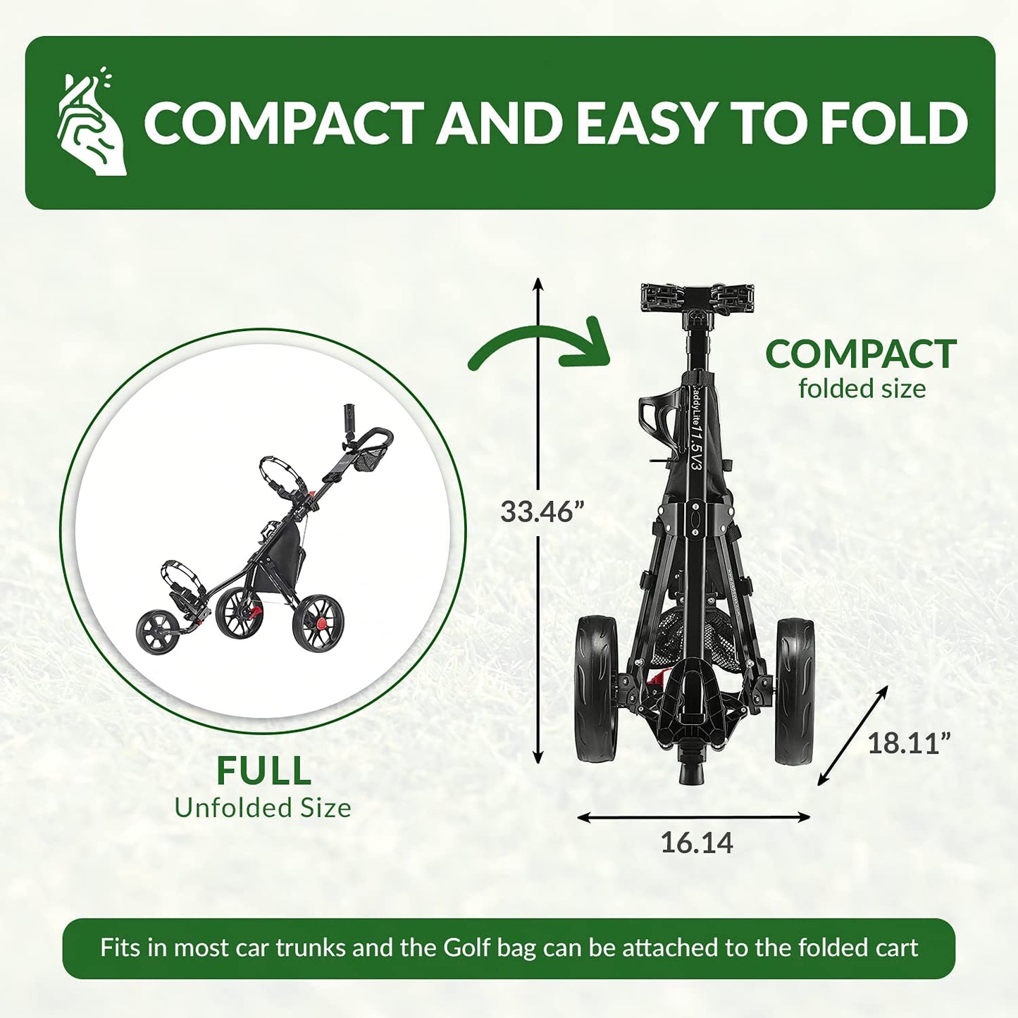 Caddylite 11.5 V3 3 Wheel Golf Push Cart - Lightweight, Easy to Fold