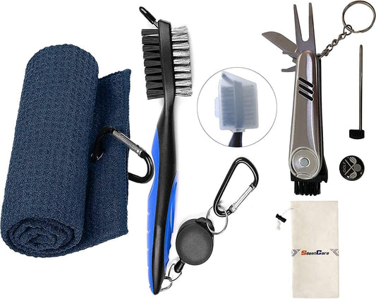 Golf Accessories, Multifunctional Golf Ball Marker, Golf Club Brush and Golf Towel Kit, Foldable Divot Repair Tool with Golf Marker, Golf Club Cleaner, 3-Piece Golf Gifts Set